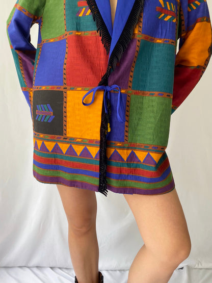 90s vintage multicolor southwestern bohemian fringe long blazer jacket – large | hippie artsy unique boho open front coat