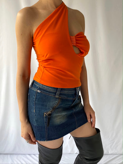 y2k vintage orange asymmetrical cut out tube crop top – small | stretch one shoulder bandeau shirt