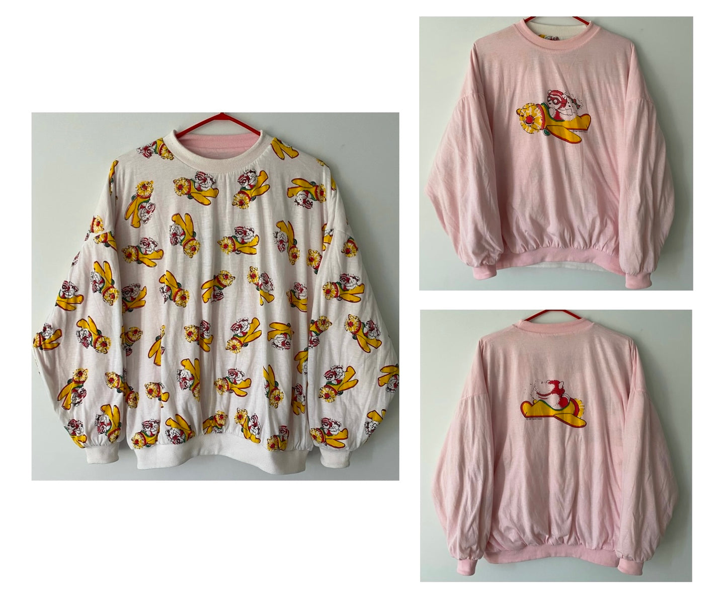 80s vintage pink reversible puffy santa bear pullover sweatshirt – small, medium | holiday cartoon graphic cotton crewneck sweater