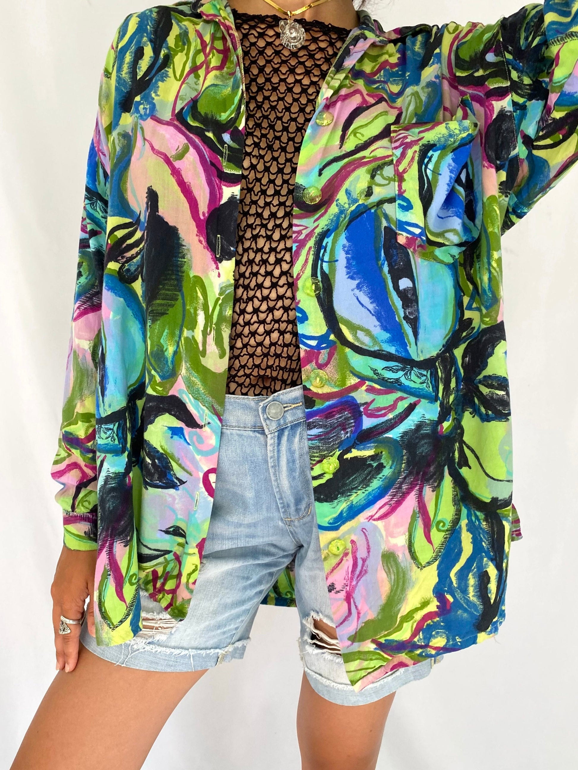 90s vintage multicolor watercolor print button up tunic