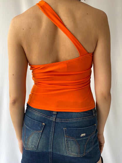 y2k vintage orange asymmetrical cut out tube crop top – small | stretch one shoulder bandeau shirt