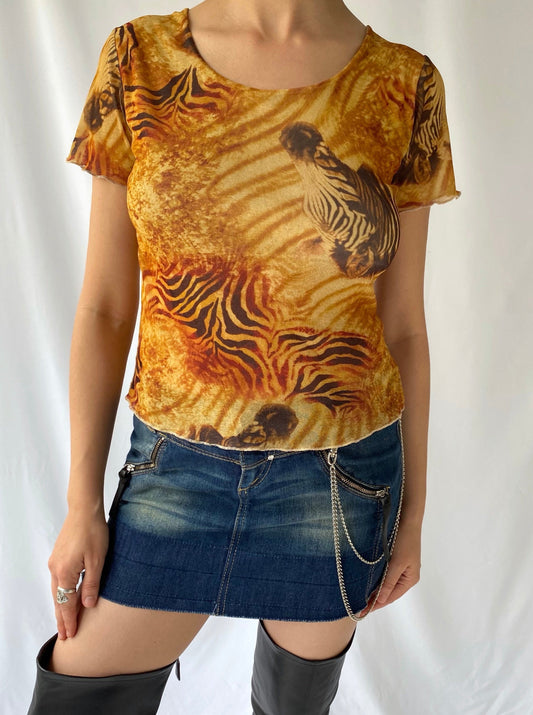 90s vintage brown zebra short sleeved cropped blouse – small | flirty animal print stretch shirt