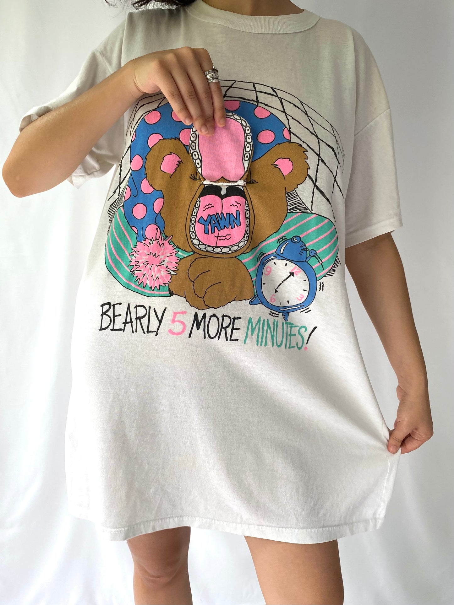 90s vintage white teddy bear interactive graphic long sleep tshirt – small, medium | novelty unique kidcore soft tee shirt dress