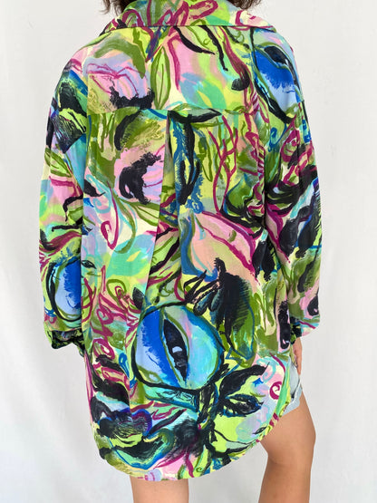 90s vintage multicolor watercolor print button up tunic