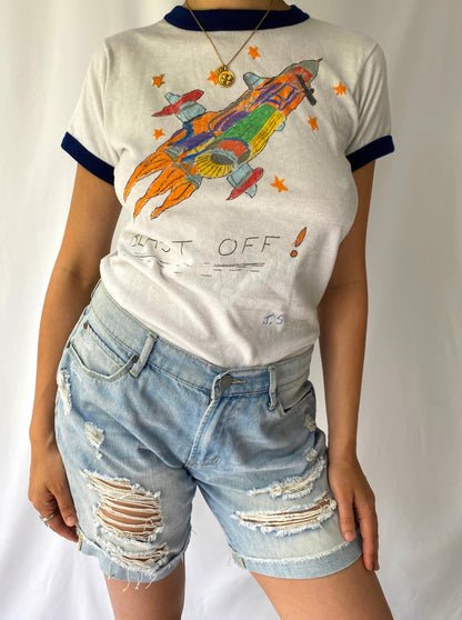 70s vintage white navy hand drawn Blast Off ringer tee shirt – small | novelty unique retro rocket tshirt