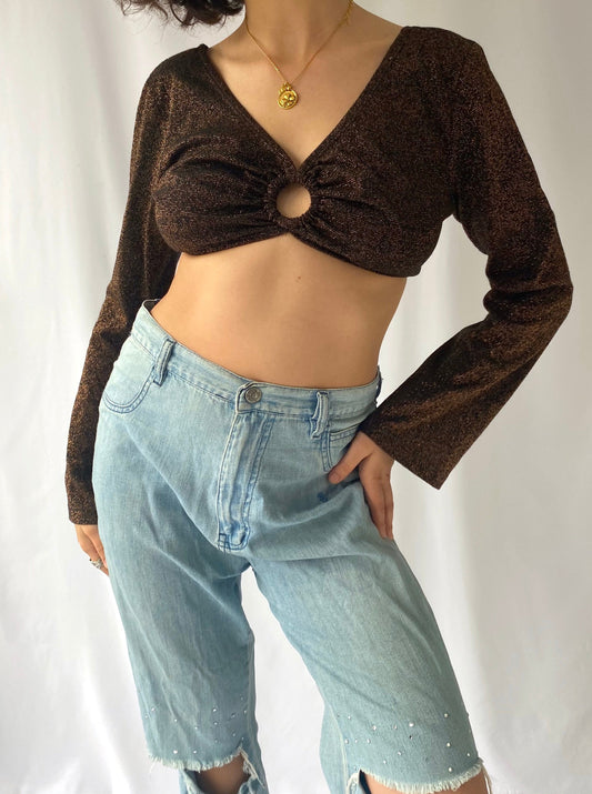 90s does 70s vintage brown glitter sparkle bell sleeve crop top – small | hippy retro fitted bratz doll cut out going out party blouse shirt