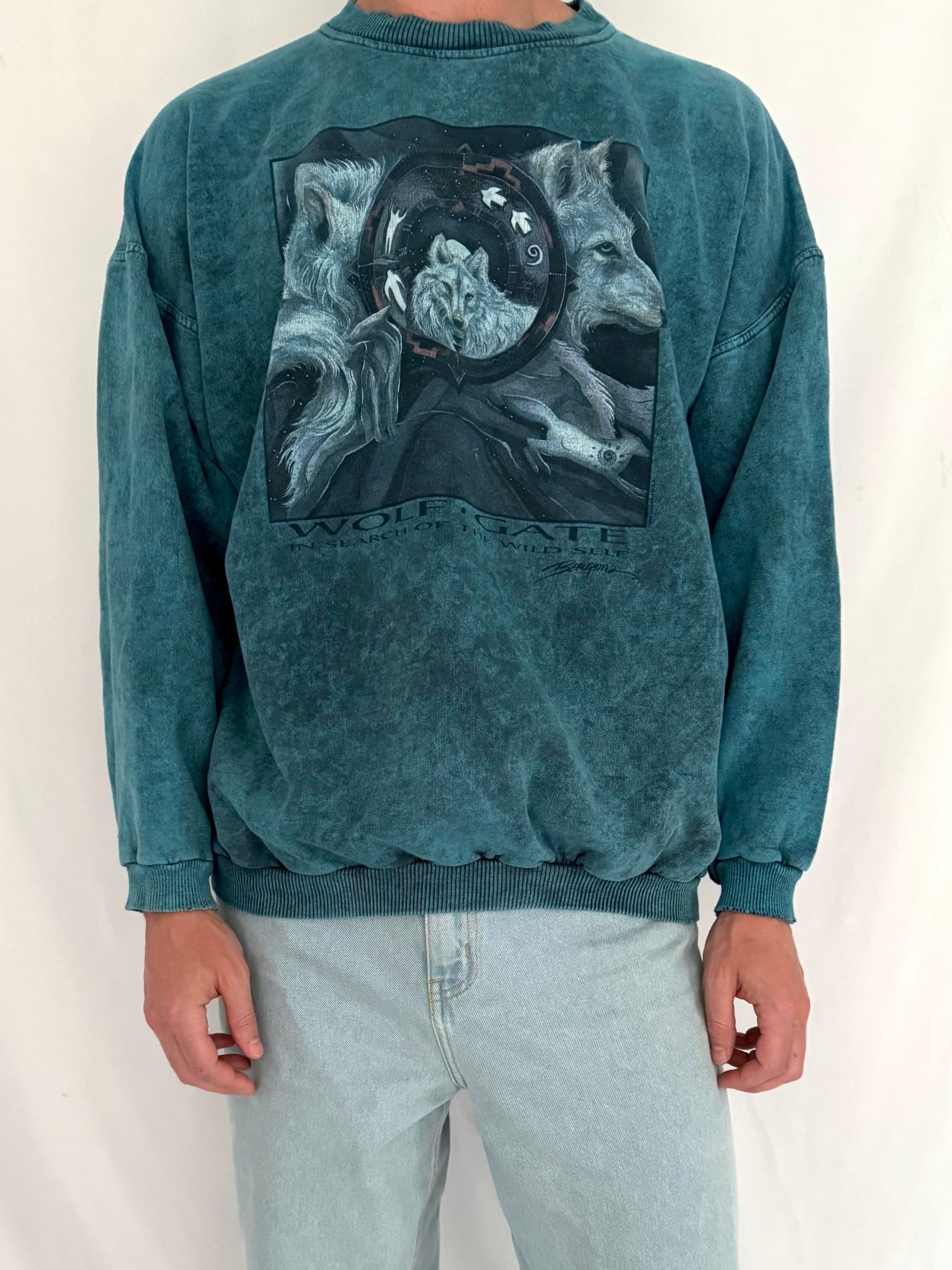 90s vintage blue wolf nature distressed graphic faded crewneck sweater