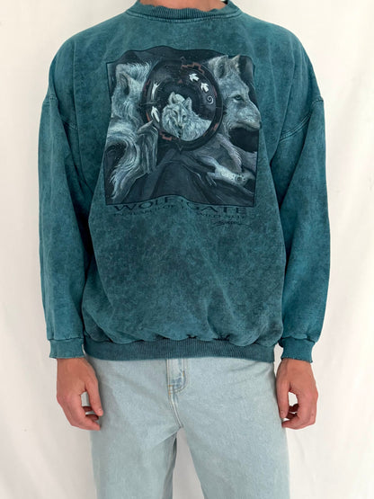 90s vintage blue wolf nature distressed graphic faded crewneck sweater