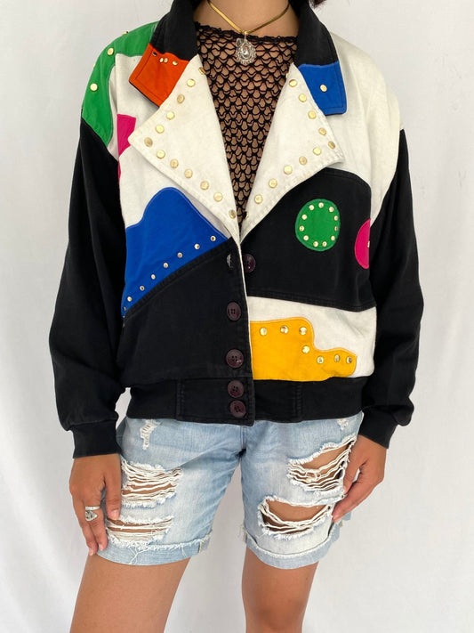 90s vintage colorful funky embellished abstract cotton jacket - medium | retro studded collared sweater blazer