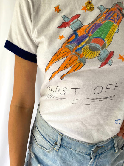 70s vintage white navy hand drawn Blast Off ringer tee shirt – small | novelty unique retro rocket tshirt