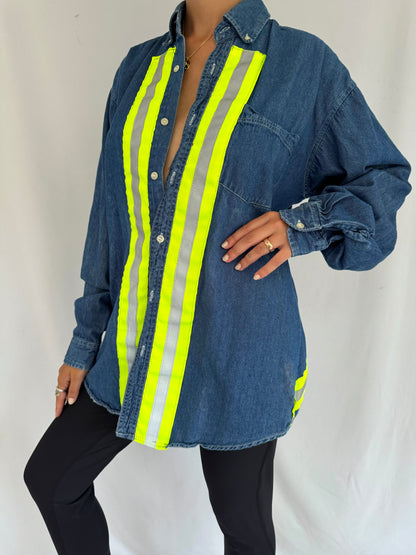 90s vintage reworked hi vis stripes blue denim button up shirt – medium | unisex unique reflective long sleeved blouse