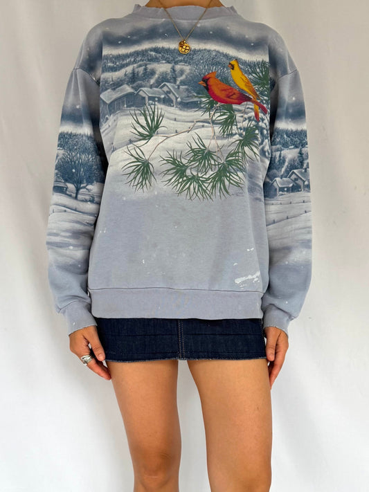 90s vintage blue snowy winter birds scene graphic pullover sweatshirt – medium | festive holiday outdoor snow distressed crewneck sweater