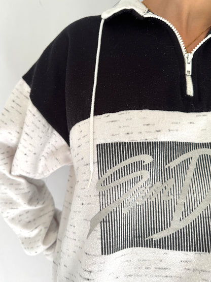 80s vintage white black san diego graphic pullover sweater – medium | california tourist travel two tone quarter zip sweatshirt