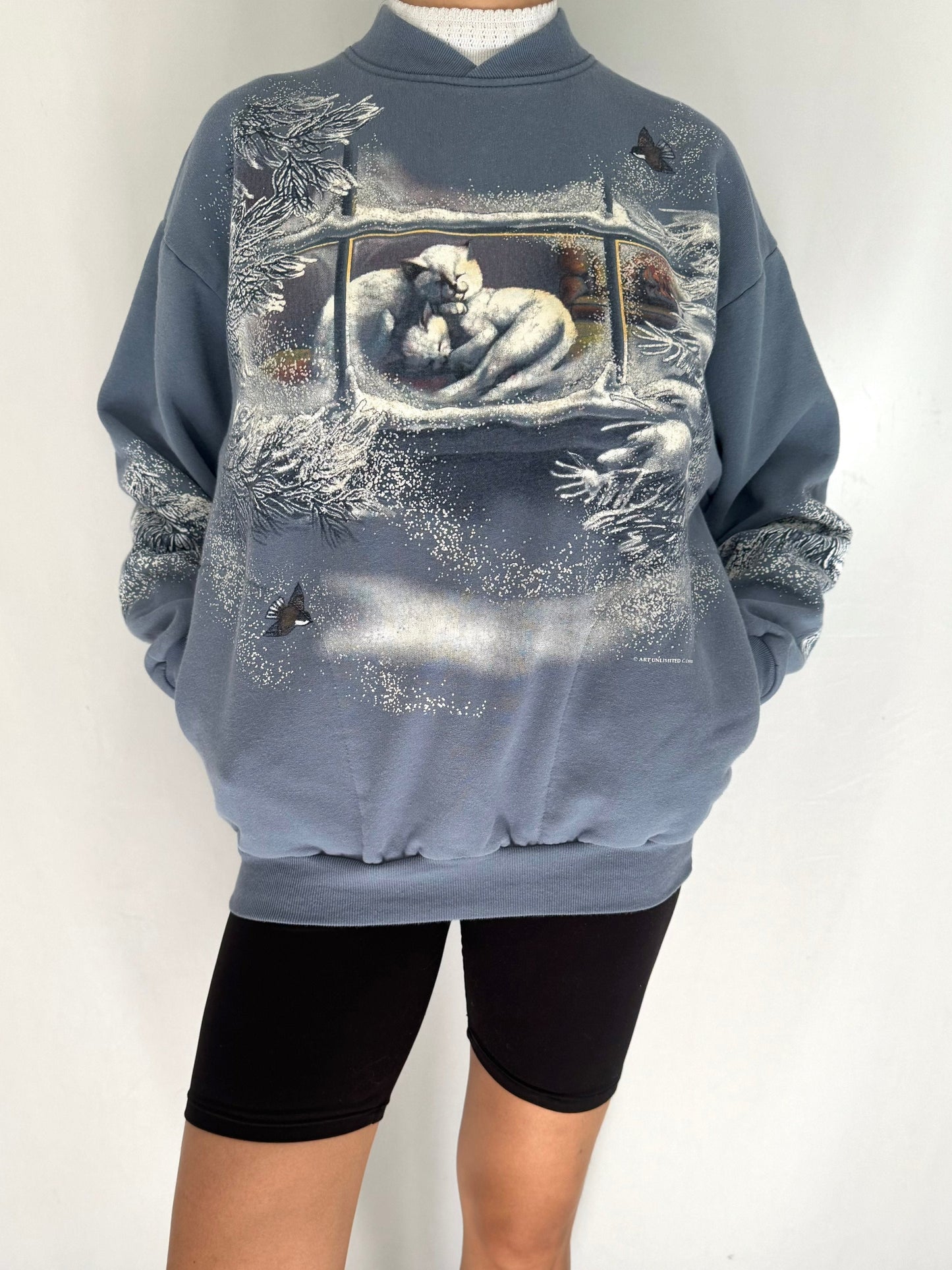 90s vintage blue winter cats lounge scene graphic pullover sweater – medium | unisex kittens cotton collared long sleeved sweatshirt