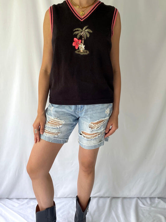 90s vintage black pink palm tree knit sweater vest