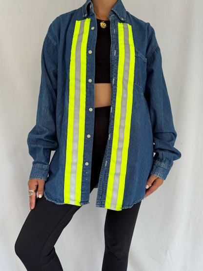 90s vintage reworked hi vis stripes blue denim button up shirt – medium | unisex unique reflective long sleeved blouse