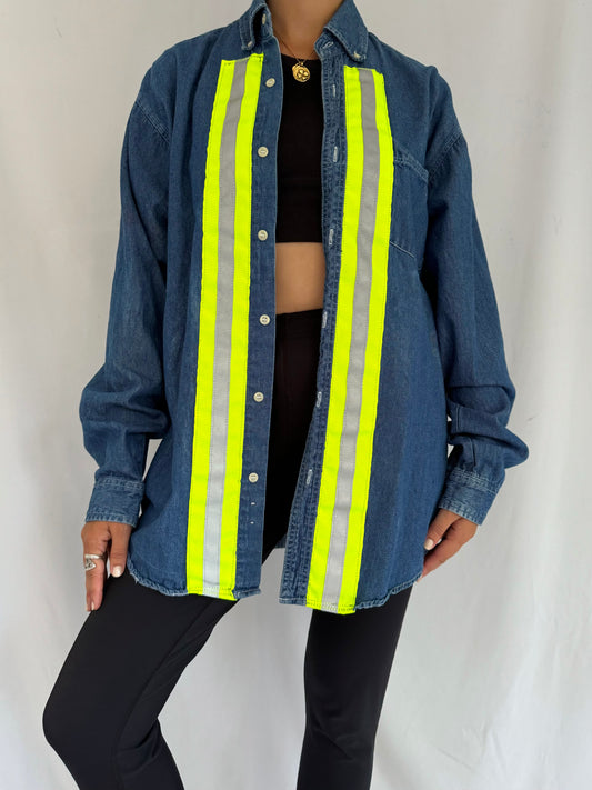 90s vintage reworked hi vis stripes blue denim button up shirt – medium | unisex unique reflective long sleeved blouse