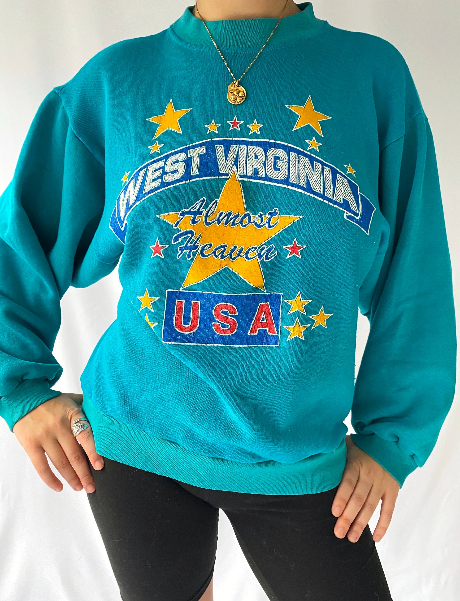 80s vintage turquoise blue west virginia USA pullover sweater