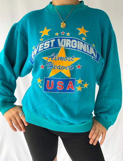 80s vintage turquoise blue west virginia USA pullover sweater