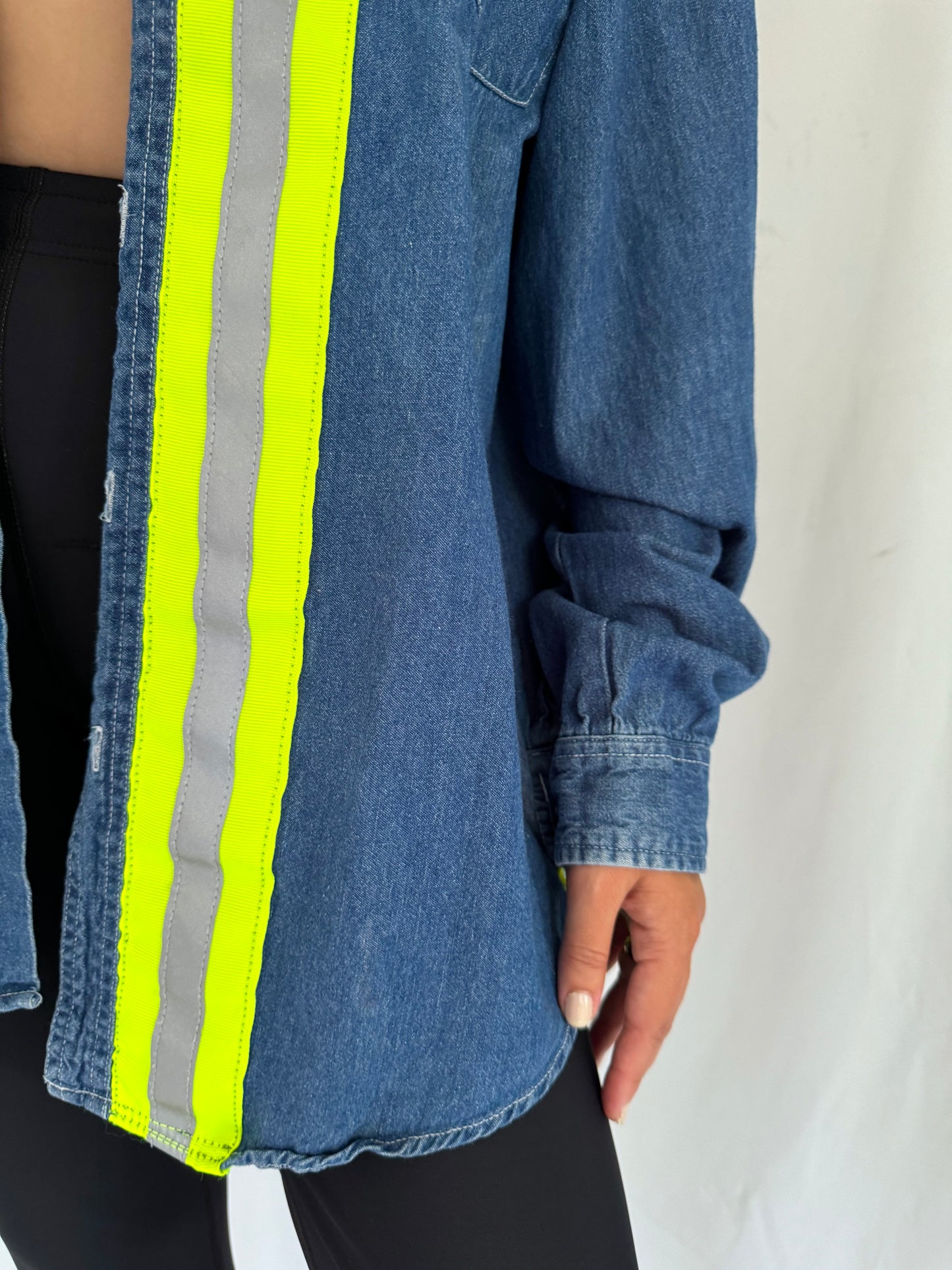 90s vintage reworked hi vis stripes blue denim button up shirt – medium | unisex unique reflective long sleeved blouse