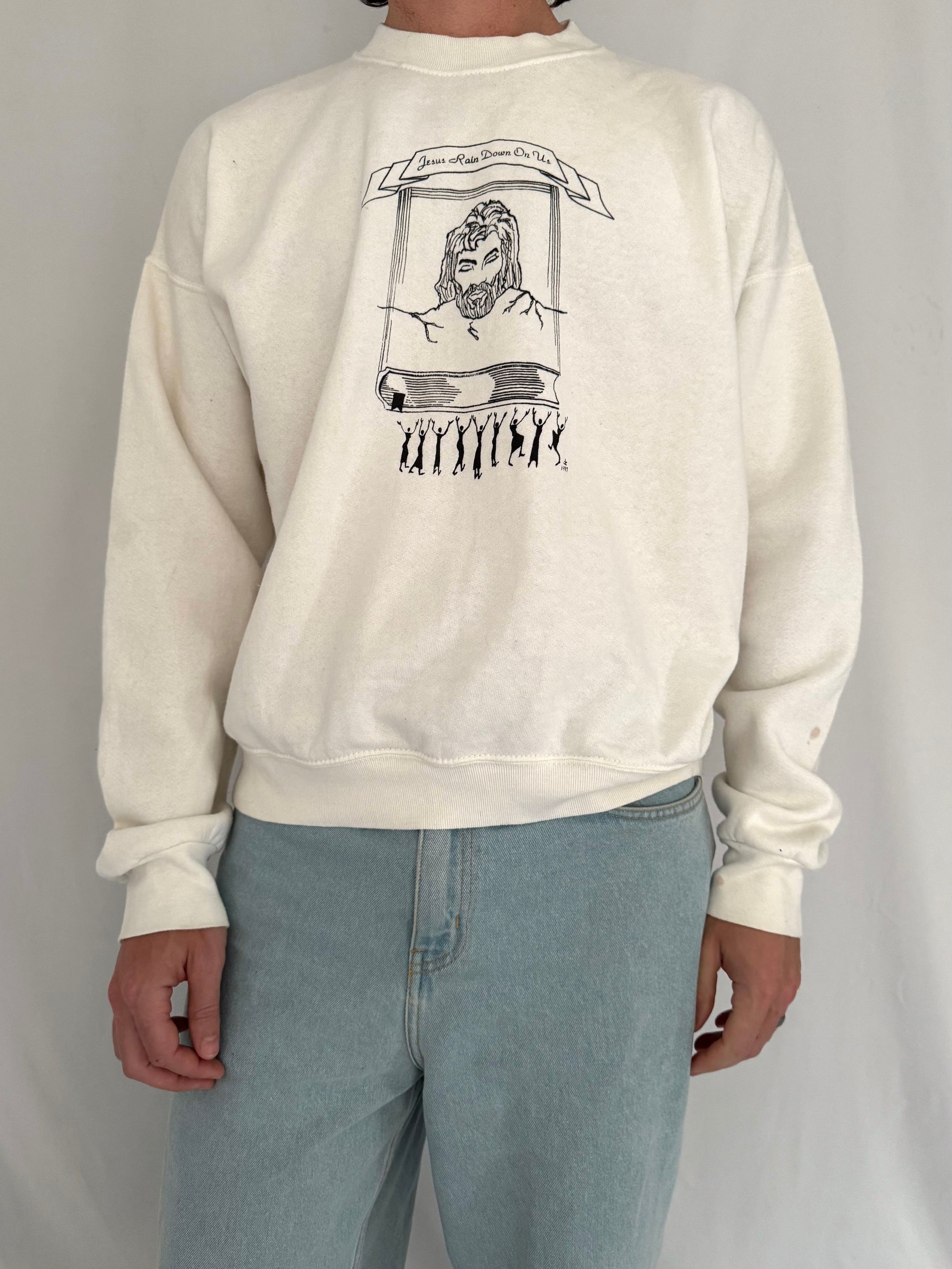 90s vintage white jesus religious graphic crewneck pullover sweater
