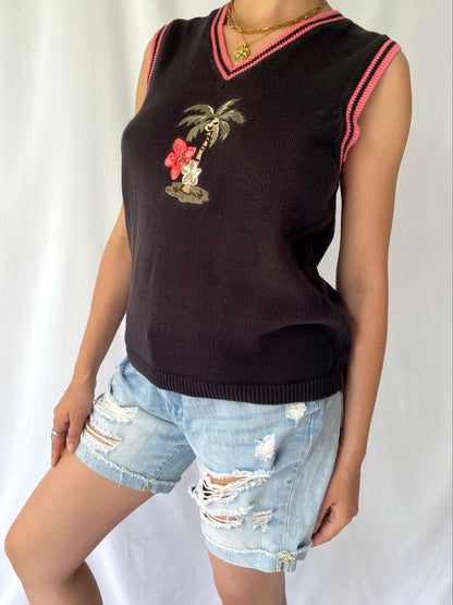 90s vintage black pink palm tree knit sweater vest – small, medium | embroidered tropical cotton top