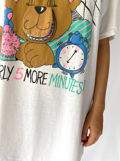 90s vintage white teddy bear interactive graphic long sleep tshirt – small, medium | novelty unique kidcore soft tee shirt dress