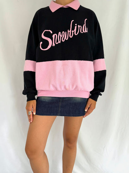 80s vintage pink black snowbird graphic collared pullover sweatshirt – small, medium | retro winter vacation print long sleeved sweater