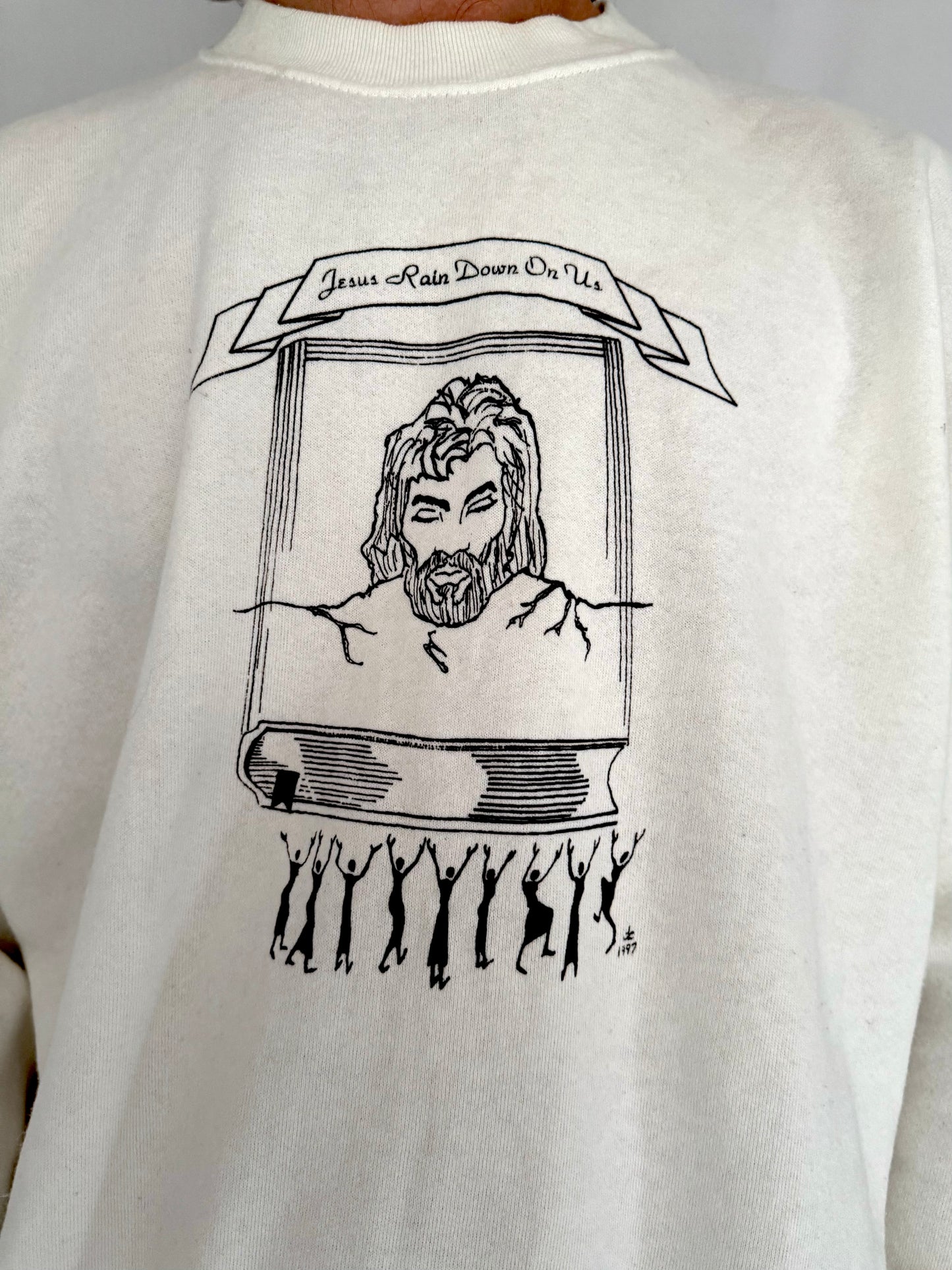 90s vintage white jesus religious graphic crewneck pullover sweater