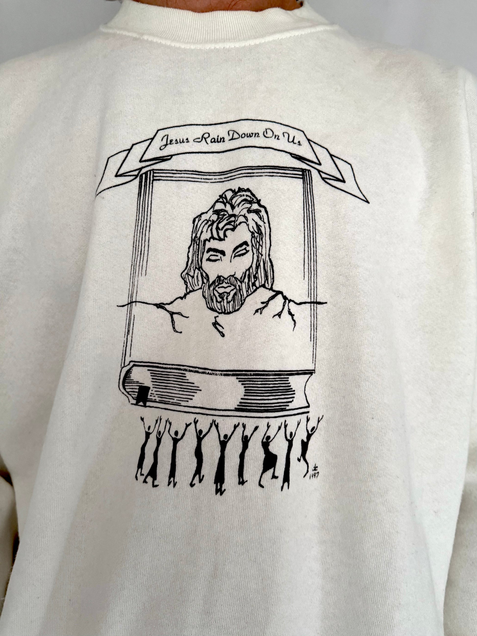 90s vintage white jesus religious graphic crewneck pullover sweater