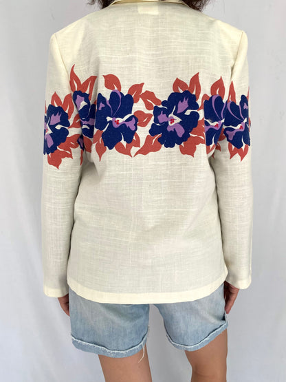 90s vintage cream floral hibiscus print open front blazer – small | hawaiian tropical artsy collared jacket