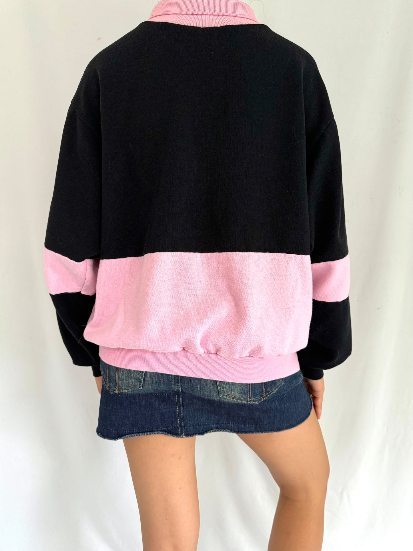 80s vintage pink black snowbird graphic collared pullover sweatshirt – small, medium | retro winter vacation print long sleeved sweater