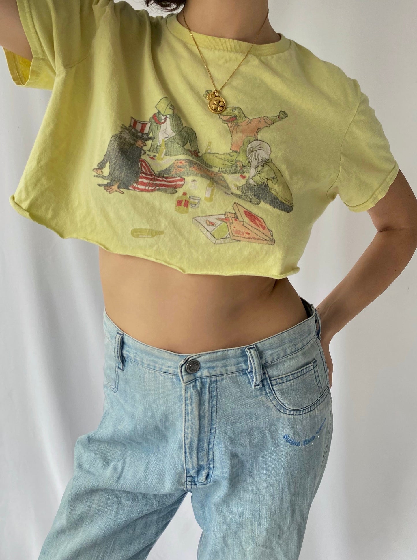 90s vintage yellow uncle sam aliens cropped tee shirt – small | novelty faded graphic artwork satire cotton top