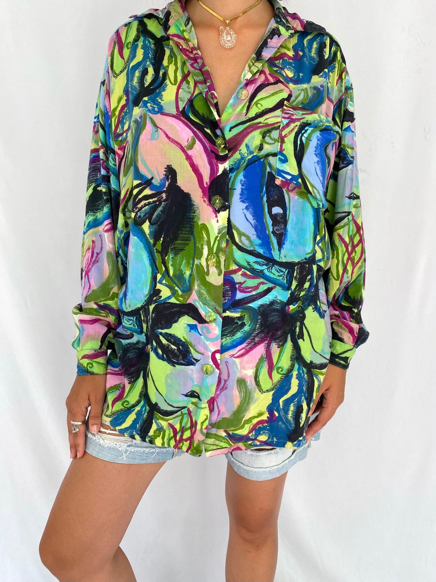 90s vintage multicolor watercolor print button up tunic