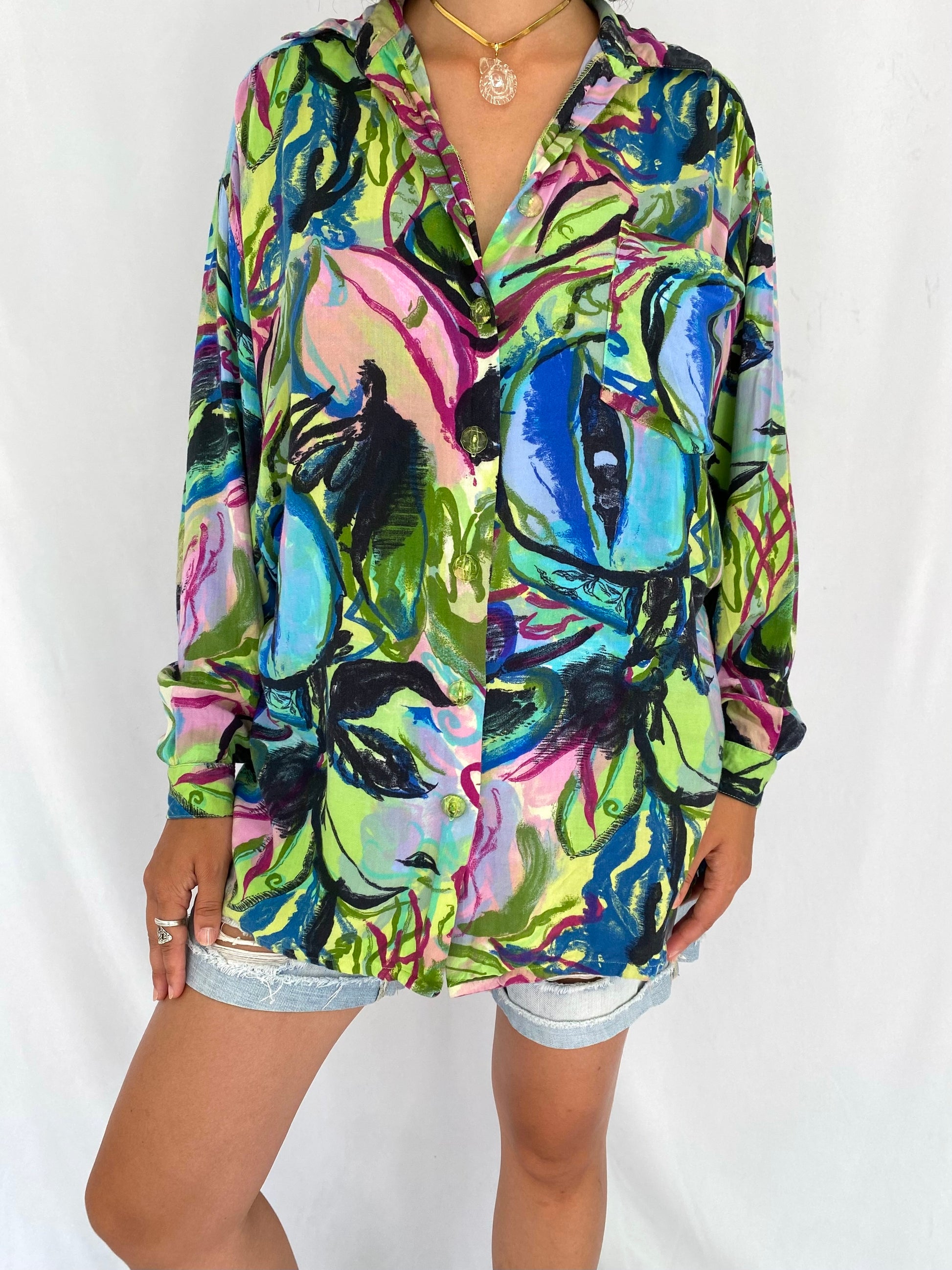 90s vintage multicolor watercolor print button up tunic