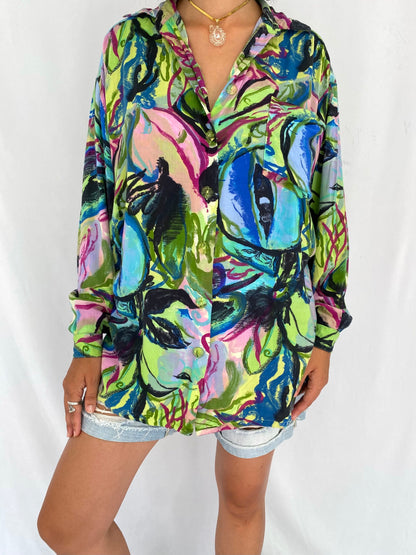 90s vintage multicolor watercolor print button up tunic