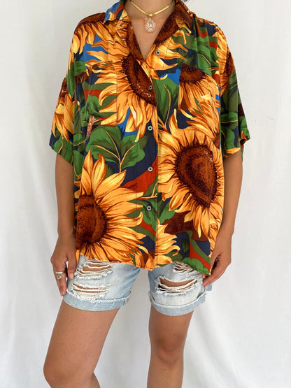 90s vintage sunflower print button up blouse