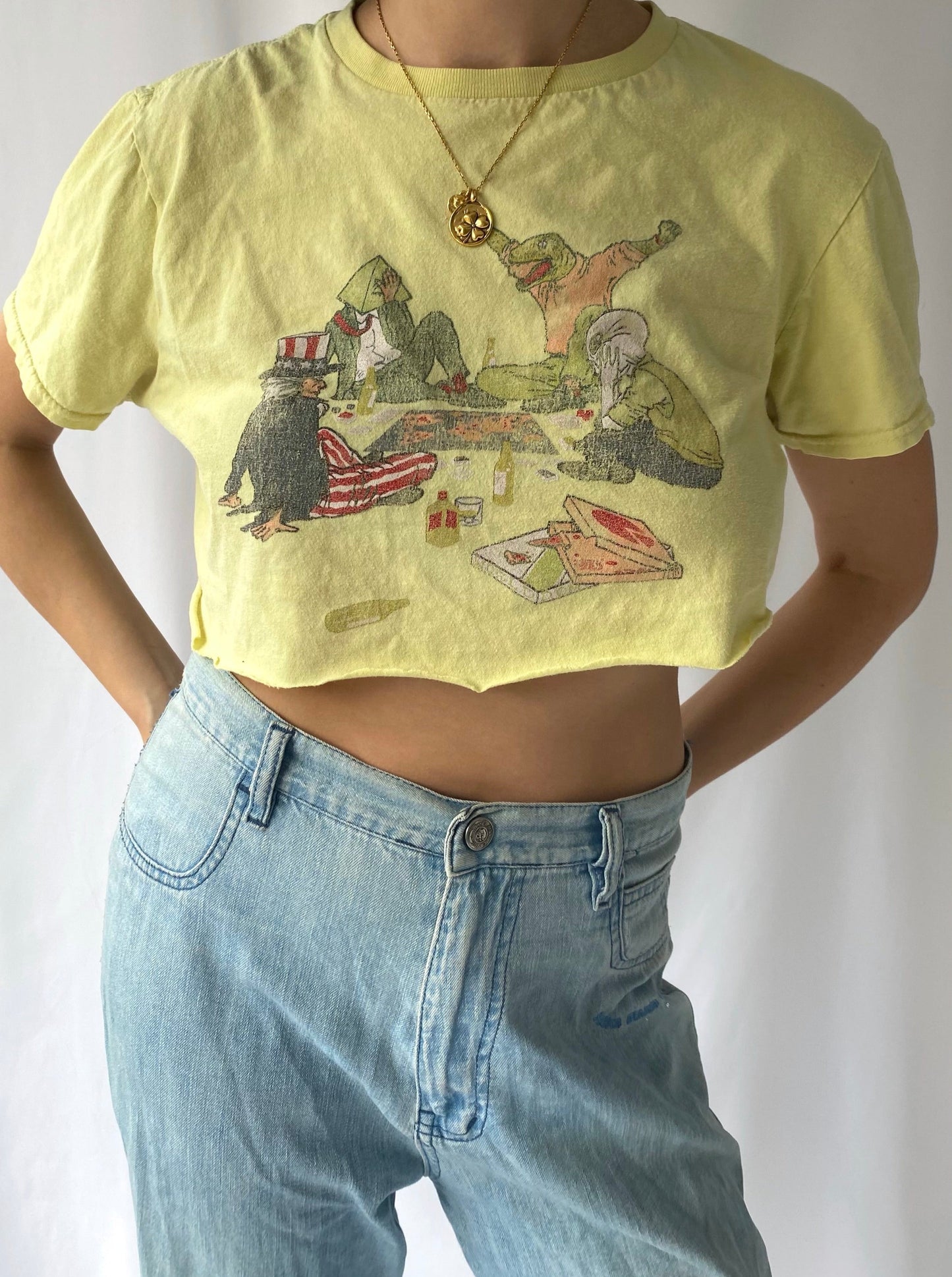 90s vintage yellow uncle sam aliens cropped tee shirt – small | novelty faded graphic artwork satire cotton top