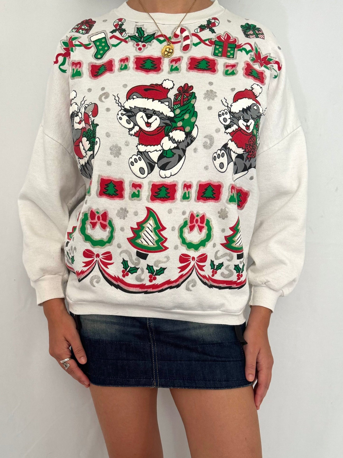 90s vintage festive kittens cats christmas graphic pullover sweater – small
