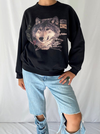 90s vintage black wolf crewneck pullover sweater