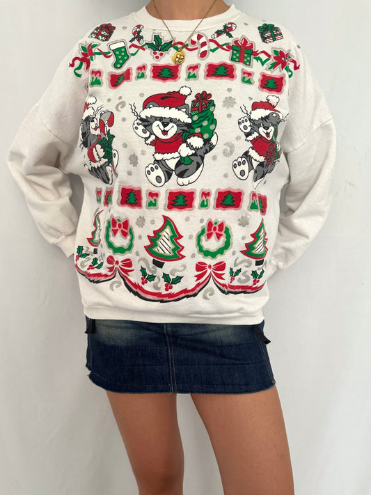 90s vintage festive kittens cats christmas graphic pullover sweater – small | sparkly holiday winter cute cartoon animal crewneck sweatshirt