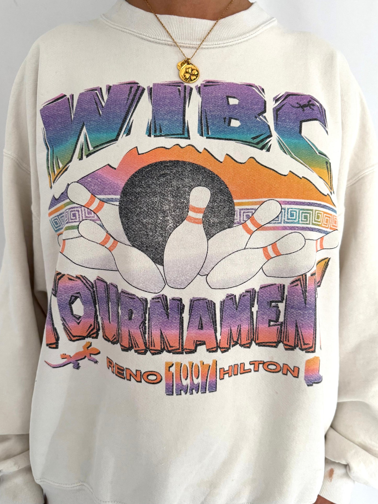 90s vintage colorful retro bowling pins tournament faded graphic pullover sweater