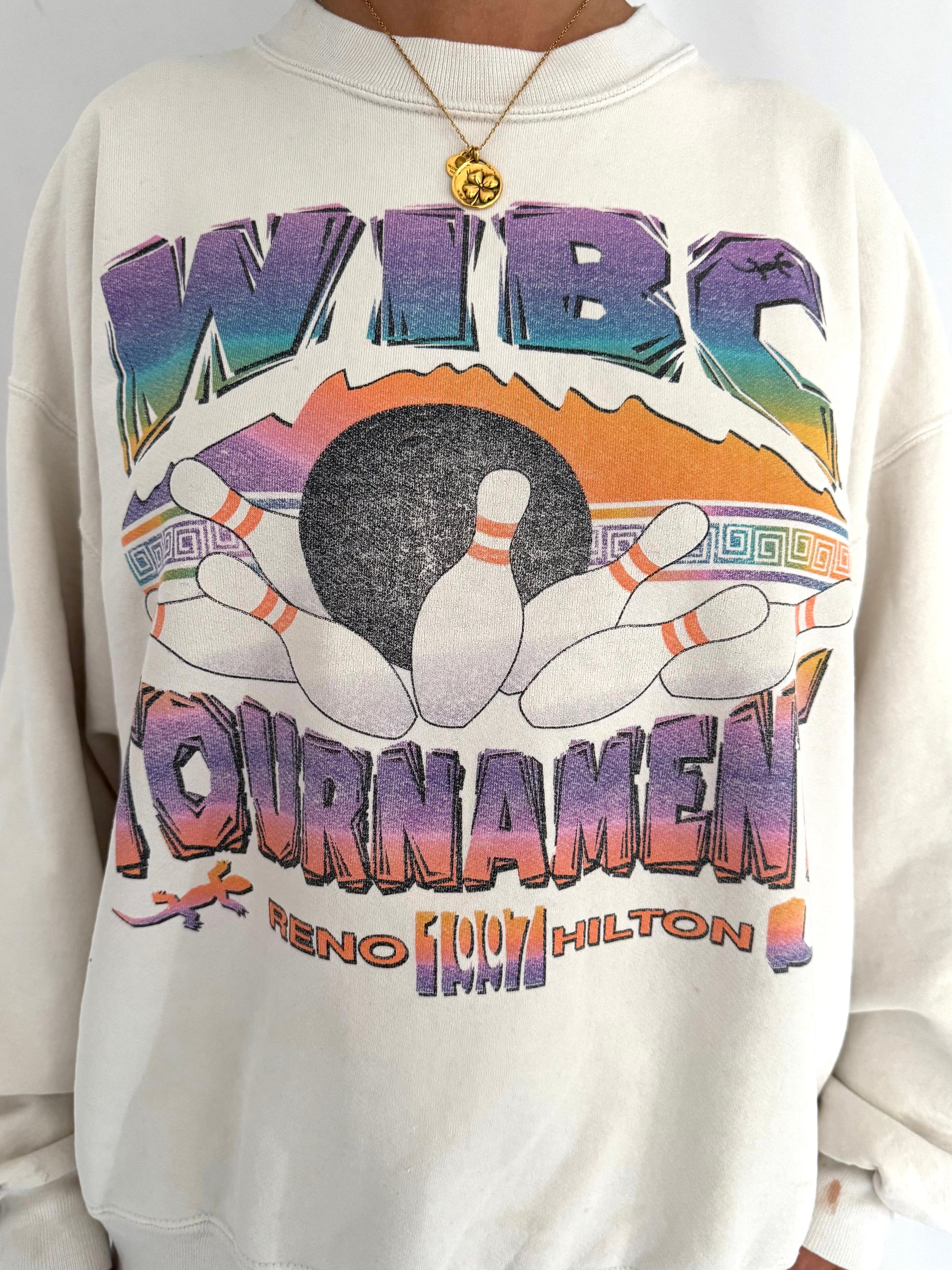 90s vintage colorful retro bowling pins tournament faded graphic pullover sweater