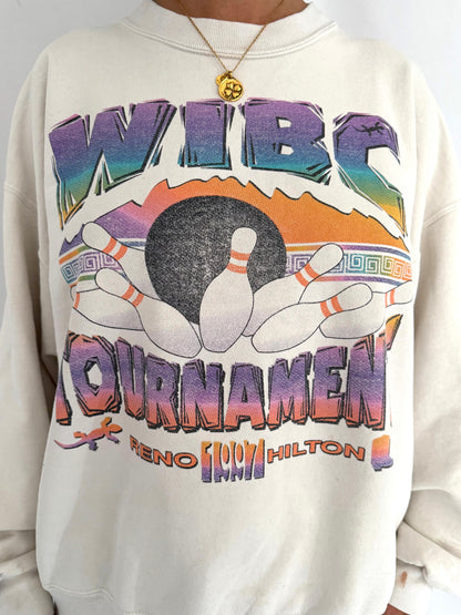 90s vintage colorful retro bowling pins tournament faded graphic pullover sweater