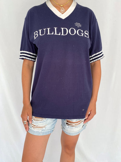 90s vintage blue bulldogs distressed ringer striped tee shirt – small, medium | retro casual football USA athletic jersey