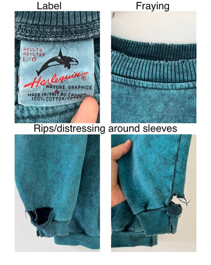 90s vintage blue wolf nature distressed graphic faded crewneck sweater