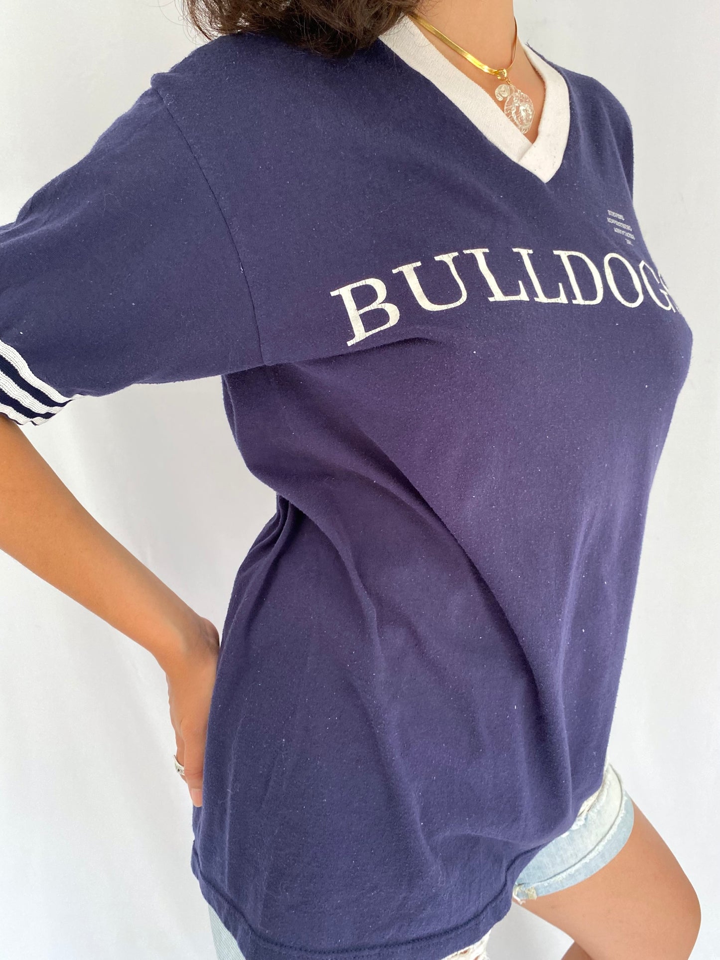 90s vintage blue bulldogs distressed ringer striped tee shirt – small, medium | retro casual football USA athletic jersey