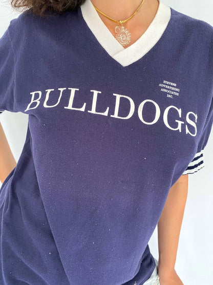 90s vintage blue bulldogs distressed ringer striped tee shirt – small, medium | retro casual football USA athletic jersey