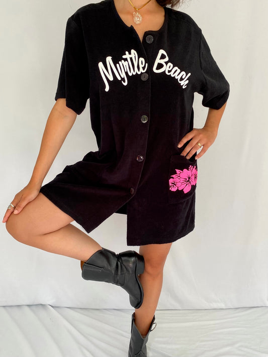 90s vintage black myrtle beach terry cloth dress – medium, large | vacation retro cover up with pockets