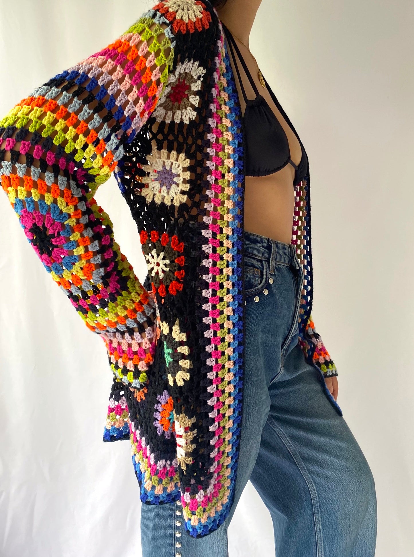 70s vintage rainbow granny square crochet knit cardigan - small | colorful bright summer open front sweater